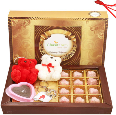 

Ghasitaram Gifts Chocolates-Marble Chocolate Hearts with Teddies, Keychain Set, Heart Game Chocolate and Fridge Magnet Combo(7)