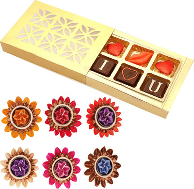 Ghasitaram Gifts Candles-Set of 6 Natural Flower Floating Candles with Valentine Chocolate Box Combo(7)