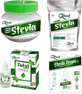 

Qleaf Stevia & Tulsi combo - Natural Sugar free, All Purpose Sweetener - Stevia powder pack of 100 Sachet, 30 ml tulsi extract (immunity booster & Anti oxidant), 100gm jar and 10 ml stevia drops.â¦ Sweetener(250 g, Pack of 4)