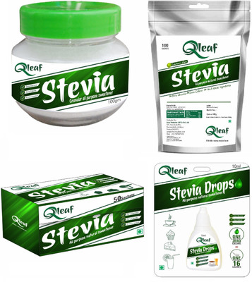 

Qleaf Stevia - Natural Sugarfree, All Purpose Sweetener - Stevia powder pack of 100 Sachet, 50 Sachet pack, 100gm jar and 10 ml stevia drop. Sweetener(260 g, Pack of 4)