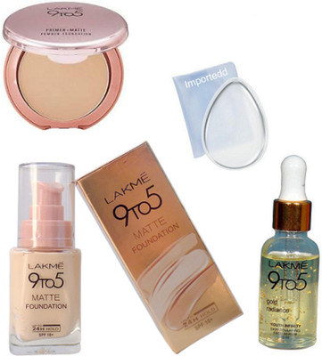 

importedd Silicon puff, Lakme 9to5 matt foundation, gold rediance, primer-matte powder foundation(Set of 4)