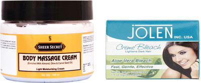 Sheer Secret Body Massage Cream 300ml and Jolen Aloe Vera Bleach 35g(Set of 2)