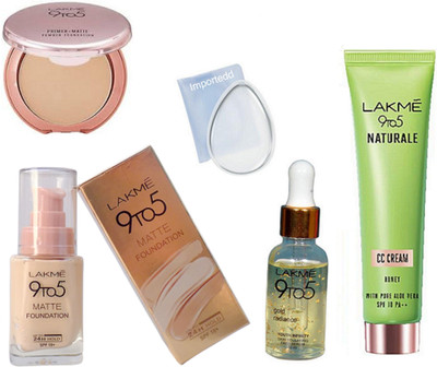 

importedd Silicon puff, Lakme 9to5 matte foundation, gold rediance, primer-matte powder foundation, CC cream(Set of 5)