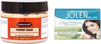 

Sheer Secret Papaya Scrub 300ml 300ml and Jolen Aloe Vera Bleach 35g(Set of 2)