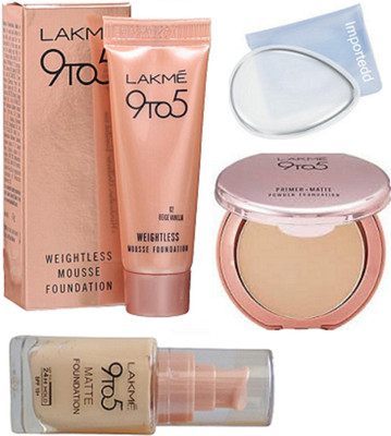 

importedd Silicon puff, Lakme 9to5 matte & mousse foundation, primer-matte powder foundation(Set of 4)