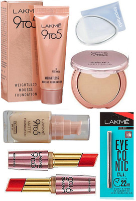 

importedd Silicon puff, Lakme 9to5 matte & mousse foundation, primer-matte powder foundation, eyeconic kajal, lipstick pack 2(Set of 7)