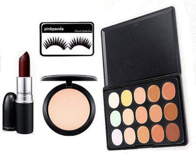 

Pinkpanda Eyelashes With 15 Shades Concealer Palette, matte Finish Lipstick & Compact(Set of 4)