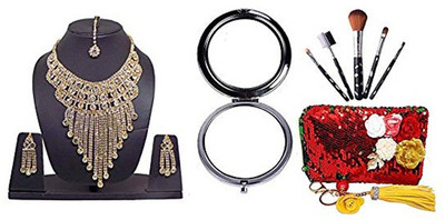

Prime Necklace Set, Sequin Clutch , Compact Mirror & Makeup Brushes Combo For GIrls & Women(Set of 11)