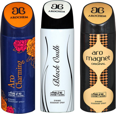 

arochem ARO CHARMING & BLACK OUDH & ARO MAGNET DYNAMIC DEODORANT BODY SPRAY BODY DEO SPRAY Body Spray - For Men & Women(600 ml, Pack of 3)