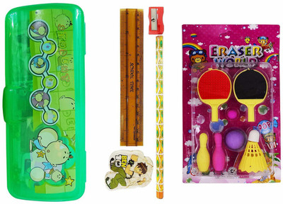 

Majik Combo Of Stationary Items For Kids, Eraser Pack With Pencil Box Set For Kids For School, Stationery Items, Multicolor, Pack Of 1 NA Art Plastic Pencil Box(Set of 11, Multicolor)