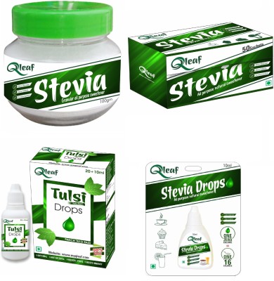 

Qleaf Stevia - Natural Sugarfree, All Purpose Sweetener - Stevia powder pack of 100 Gm Jar,50 sachet pack, 30 ml tulsi extract and 10 ml stevia drop.… Sweetener(150 g, Pack of 4)