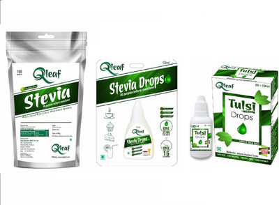 

Qleaf Stevia - Natural All Purpose Sweetener - Stevia powder pack of 100 Sachet, 10 ml stevia drop and 30 ml Tulsi leaf extract.Â Sweetener(140 g, Pack of 3)