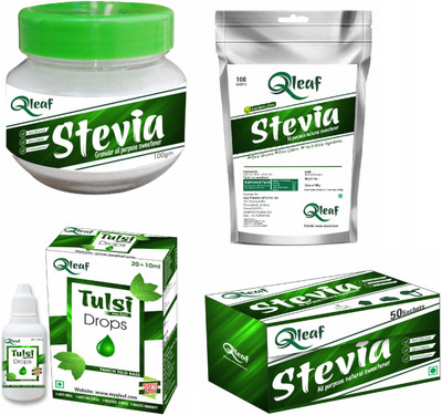 

Qleaf Stevia - Natural , All Purpose Sweetener - Stevia powder pack of 100 Sachet, 100 gm jar,50 Sachet and 30 ml Tulsi. Sweetener(260 g, Pack of 4)
