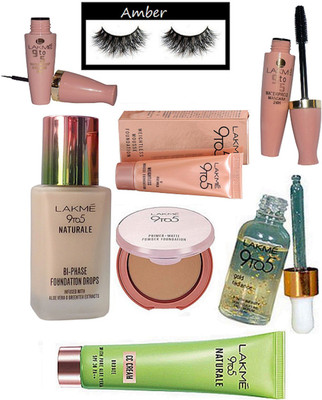 

Amber Eyelashes, lakme 9to5 eyeliner & mascara, naturale foundation, matte compact,face serum, cc cream, weightless mousse foundation(Set of 8)