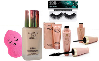 

jenney Eyelashes & Sponge Puff & Lakme 9 To 5 Foundation & Mousse & Waterproof Eyeliner & Mascara(Set of 6)