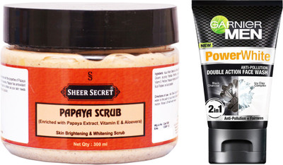 

Sheer Secret Papaya Scrub 300ml 300ml and Garnier Men Double Action Face Wash 100ml(Set of 2)