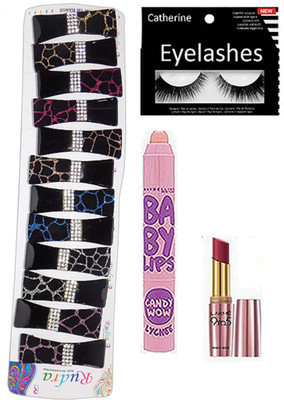 

catherine Eyelashes, Lekme 9to5 Lipstick, Maybelline Lip Balm With Hair clips-12(Set of 15)