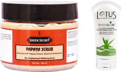 

Sheer Secret Papaya Scrub 300ml 300ml and WhiteGlow 3 In 1 Deep Cleansing Skin Whitening Facial Foam 100ml(Set of 2)
