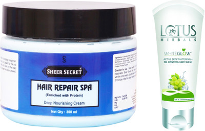 

Sheer Secret Hair Repair Spa 300ml and WhiteGlow Active Skin Whitening + Oil Control Face Wash 100ml(Set of 2)