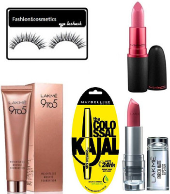

FASHION1COSMETICS Combo sets Eyelash,2 set matte lipstick,kajal with Foundation(Set of 5)