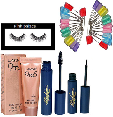 

pink palace Eyelashes, Lakme 9to5 weightess mousse foundation, Padma eyeliner and mascara, Safety pin bunch of 2(Set of 6)