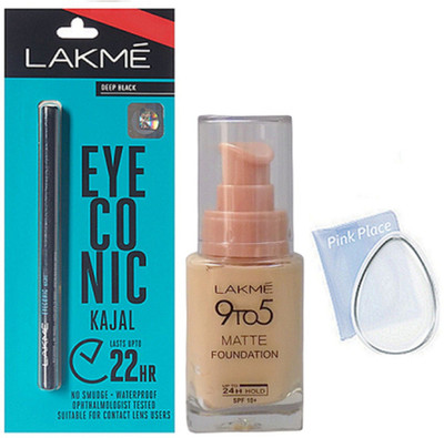 

pink palace Silioco puff, Lakme 9to5 matte foundation, eyeconic kajal(Set of 3)