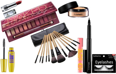 

catherine Eyelashes, Naked Eyeshedow Pallete & Makeup Brush, Mac Pen Eyeliner, Loose Powder, Lakme Enrich Lipstick, Maybelline Magnum Mascara, Baby Lips Lip Balm(Set of 8)