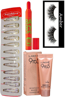 

Amber Eyelahses, lakme 9to 5 weightless mousse foundation, maybelline new york baby lip, hair clip pack of 12(Set of 4)