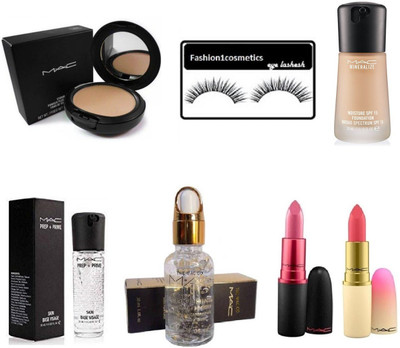 

FASHION1COSMETICS Combo of smoothing perfecting primer,mineralize foundation,prep+prime skin base visage,lipstick,compact and eyelashes (Set of 7)(Set of 7)