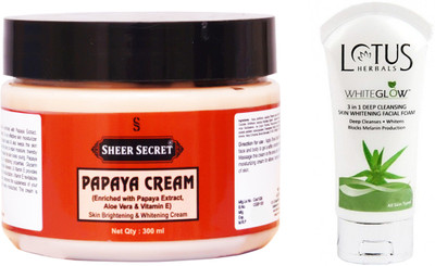 

Sheer Secret Papaya Cream 300ml and Lotus WhiteGlow 3 In 1 Deep Cleansing Skin Whitening Facial Foam 100ml(Set of 2)