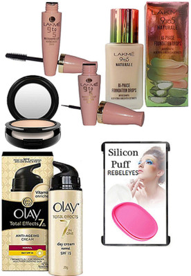 

REBELEYES puff,lakme 9to5 naturale bi phase foundation,eyeliner ,mascara,compact,olay total effects 7 in one anti ageing cream(Set of 6)