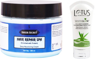

Sheer Secret Hair Repair Spa 300ml and WhiteGlow 3 In 1 Deep Cleansing Skin Whitening Facial Foam 100ml(Set of 2)