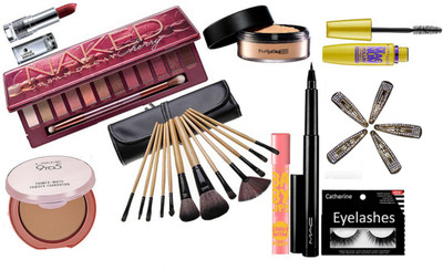 

catherine Eyelashes, Naked Eyeshedow Pallete & Makeup Brush, Mac Pen Eyeliner, Loose Powder, Lakme Enrich Lipstick, 9to5 Compact, Maybelline Magnum Mascara, Baby Lips Lip Balm, Hair Clips-5(Set of 10)