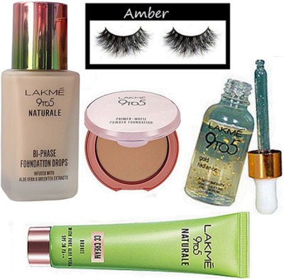 

Amber Eyelashes, lakme 9to5 naturale foundation, matte compact,face serum, cc cream(Set of 5)
