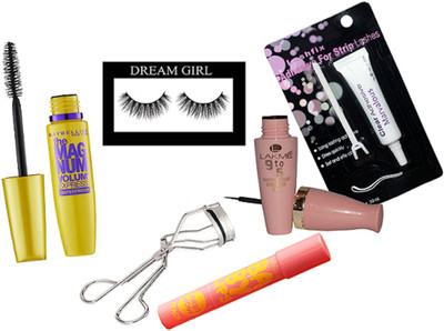 

Dream Girl Eyelashes, 9to5 Eyeliner, Eyelashes Curler, Eyelashes Glue, Maybelline New York The Mag Num Mascara, Candy Wow Cherry Lipbalm(Set of 6)