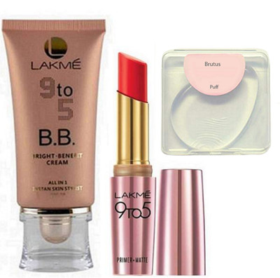 

BRUTUS sponge puff, lakme 9 to 5 bb bright benefit cream and long lasting lipstick(Set of 3)
