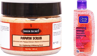 

Sheer Secret Papaya Scrub 300ml 300ml and Clean & Clear Morning Energy Berry Face Wash 100ml(Set of 2)