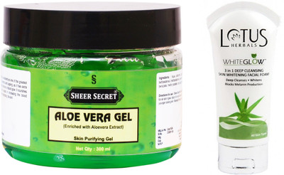 

Sheer Secret Aloe Vera Gel 300ml and WhiteGlow 3 In 1 Deep Cleansing Skin Whitening Facial Foam 100ml(Set of 2)