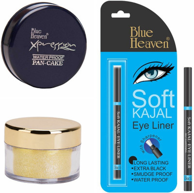 

Blue Heaven Eye liner & soft kajal , shimmer dust, pan cake(Set of 3)
