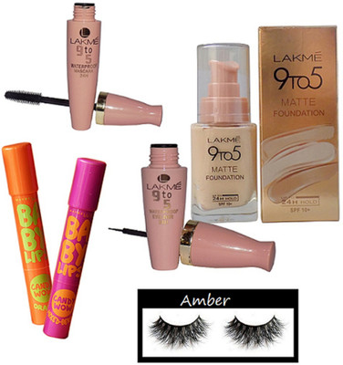 

Amber Eyelashes, lakme 9to5 eyeliner & mascara,matte foundation, maybelline new york baby lip pack of 2(Set of 6)