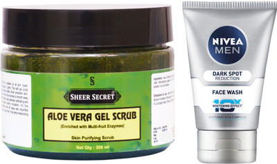 

Sheer Secret Aloe Vera Scrub 300ml and Nivea Men Dark Spot Reduction Face Wash 100ml(Set of 2)