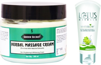 Sheer Secret Herbal Massage Cream 300ml and WhiteGlow Active Skin Whitening + Oil Control Face Wash 100ml(2 Items in the set)