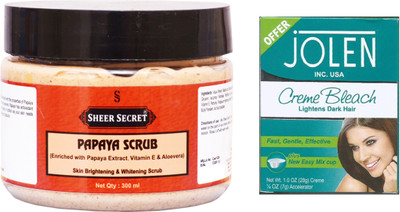 

Sheer Secret Papaya Scrub 300ml 300ml and Jolen Creme Bleach 35g(Set of 2)