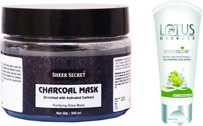 

Sheer Secret Charcoal Mask 300ml and WhiteGlow Active Skin Whitening + Oil Control Face Wash 100ml(Set of 2)