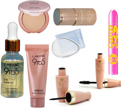 

catherine silicon puff, Lakme 9to5 mousse foundation, primer+matte powder foundation, gold radiance face serum, eyeliner, mascara, mirror nail polish, baby lips(Set of 8)