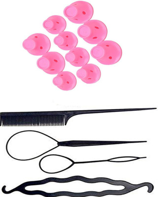 

S R Enterprises hair hold pink silicon roller and diy kit tools juda maker [pack of 14pcs](Set of 14)