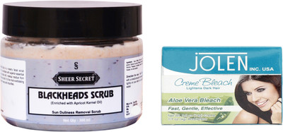 Sheer Secret Blackheads Scrub 300ml and Jolen Aloe Vera Bleach 35g(Set of 2)