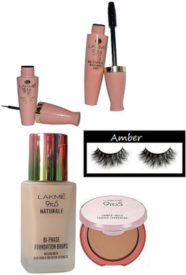 

Amber Eyelashes, lakme 9to5 eyeliner & mascara, naturale foundation, matte compact(Set of 5)