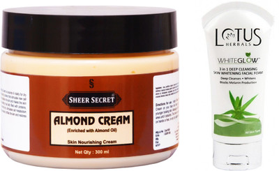 

Sheer Secret Almond Cream 300ml and WhiteGlow 3 In 1 Deep Cleansing Skin Whitening Facial Foam 100ml(Set of 2)