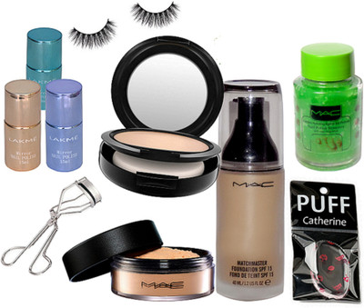 

catherine Silicon Puff, Eyelashes, Eyelashes Curler Mac Compact, Matchmaster Foundation, Loose Powder, Nail Paint Remover, Lakme Nail Paint-3(Set of 10)